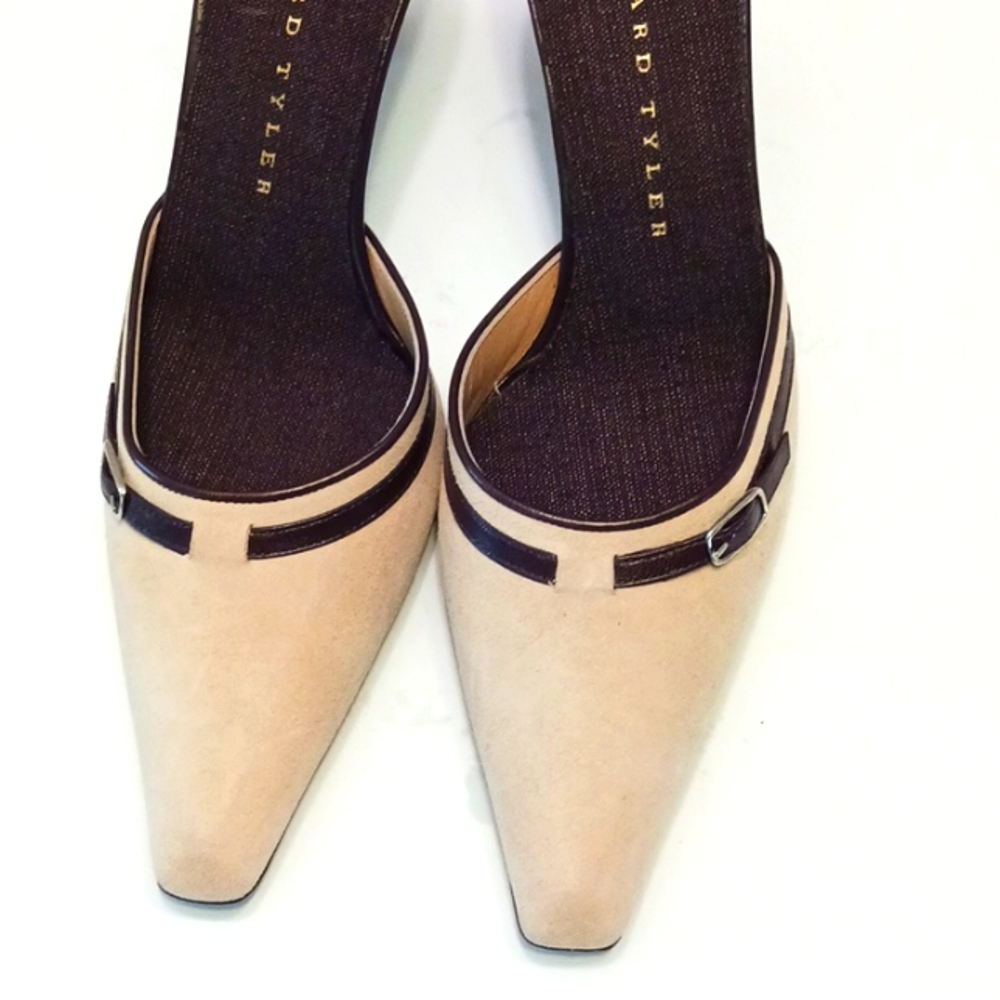 NIB Vtg Richard Tyler kitten Heel Slide 7M Tan w Brown Accents